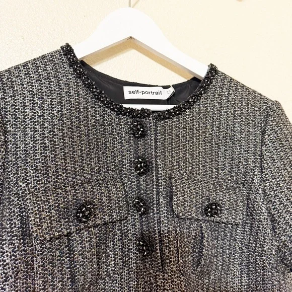 Self Portrait NEW Metallic Boucle Rhinestone Button Pleated Hem Mini Dress US 12 - Picture 11 of 14